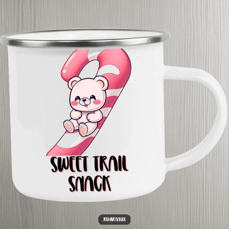 Funny giggling gummy bear character sliding down a giant candy cane on a durable camping mug.
