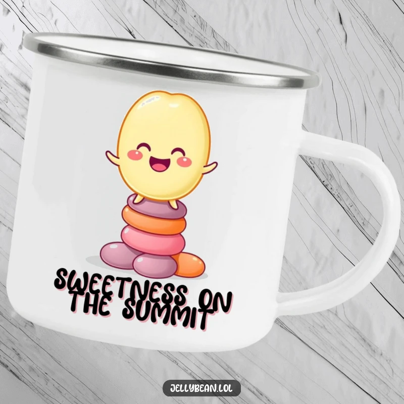 Funny camping mug showing a grinning jelly bean character balancing on a stack of candies, perfect for outdoor humor and hot beverages.