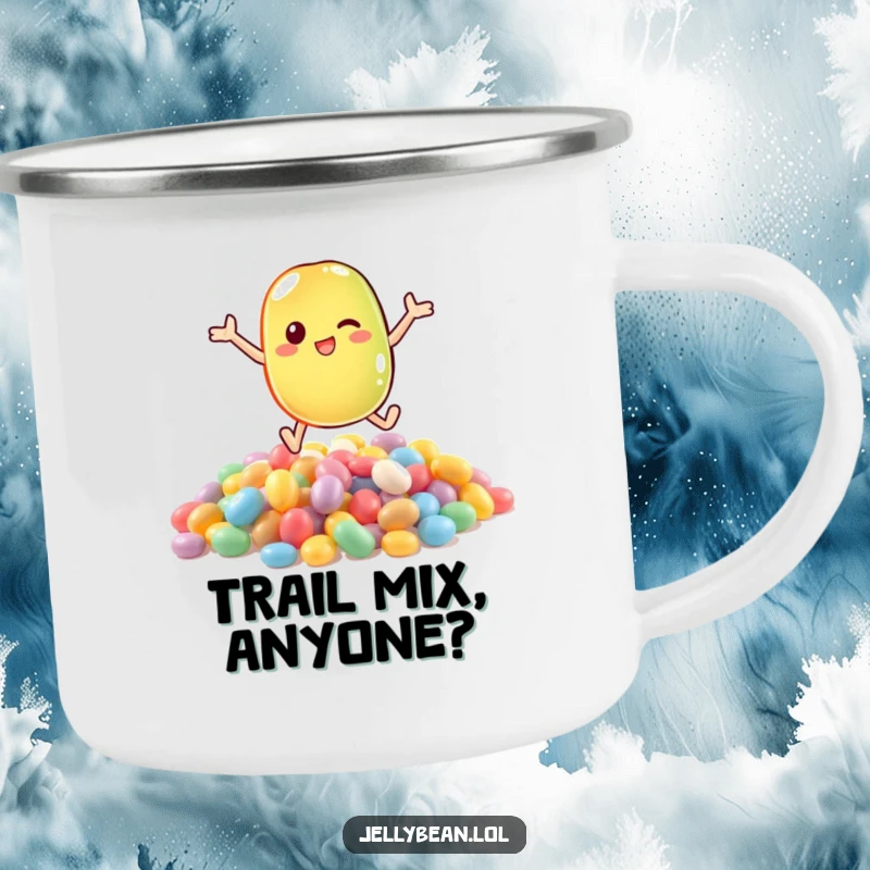 Funny camping mug with a cute anthropomorphic jelly bean character joyfully leaping into a pile of colorful candies, ready for adventure.
