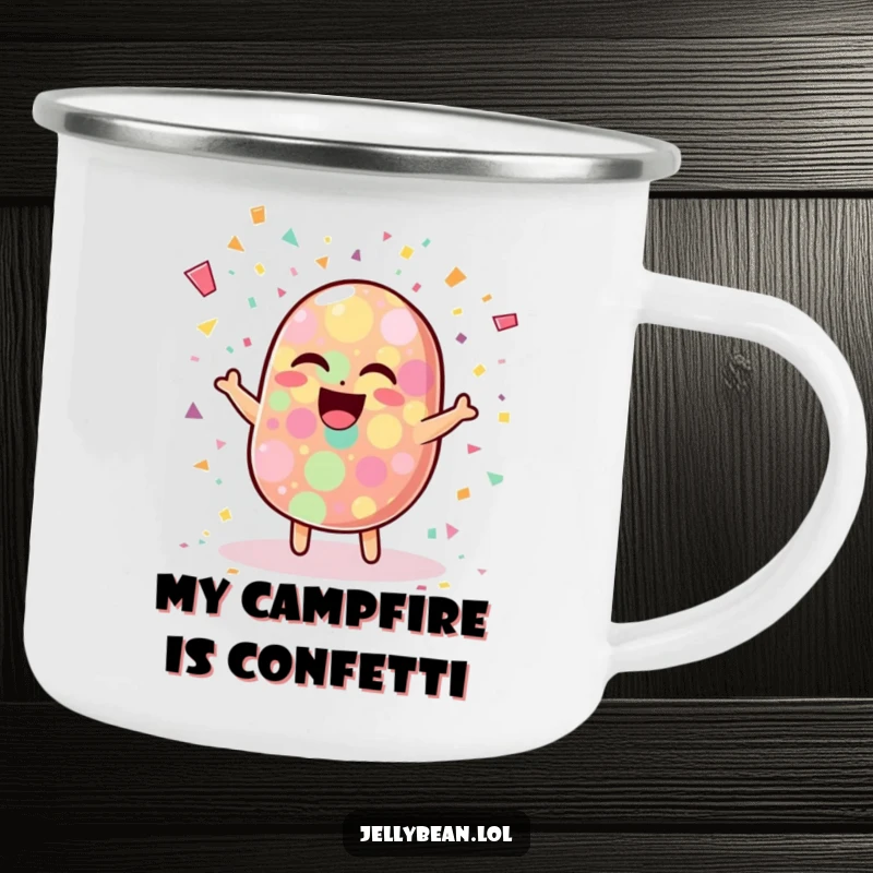 Funny camping mug with a wobbly jelly bean character laughing heartily, surrounded by a vibrant burst of colorful confetti, ready for the trail.