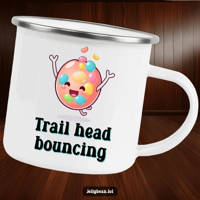 Funny camping mug featuring a happy jelly bean character in a joyful head-bouncing pose, ideal for rugged adventures and lighthearted moments.