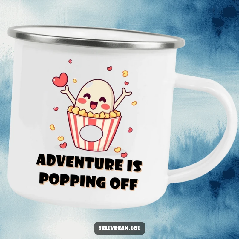 Funny camping mug featuring a jelly bean character popping out of a popcorn box, ready for outdoor adventures and snacks.
