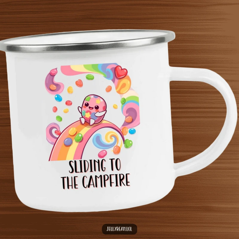 Funny Camping Mug with a giggling jelly bean character sliding down a rainbow of swirling flavors, ready for flavorful outdoor fun.