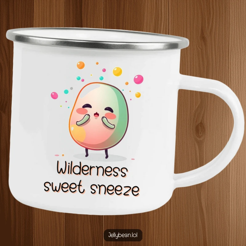 Funny camping mug showing a jelly bean character sneezing a cloud of colorful sugar dust, ideal for outdoor trips and bringing smiles.