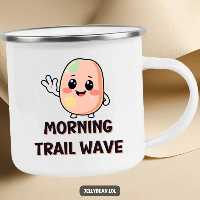 Funny jelly bean camping mug featuring a jolly character giving a friendly wave, perfect for enjoying drinks outdoors with warmth, a durable and funny gift.