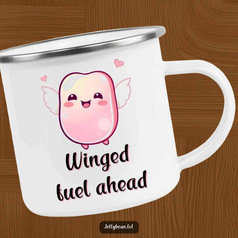 Funny camping mug showing a jubilant jelly bean with tiny wings joyfully flying, perfect for happy outdoor drinks.