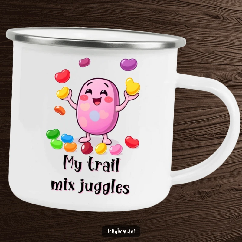 Funny camping mug with a cheerful jelly bean character gleefully juggling smaller, colorful jelly beans, perfect for outdoor enjoyment.