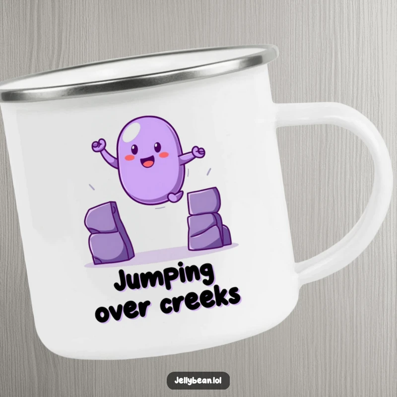 Funny purple jelly bean camping mug in a heroic leap, ideal for outdoor funny gifts.