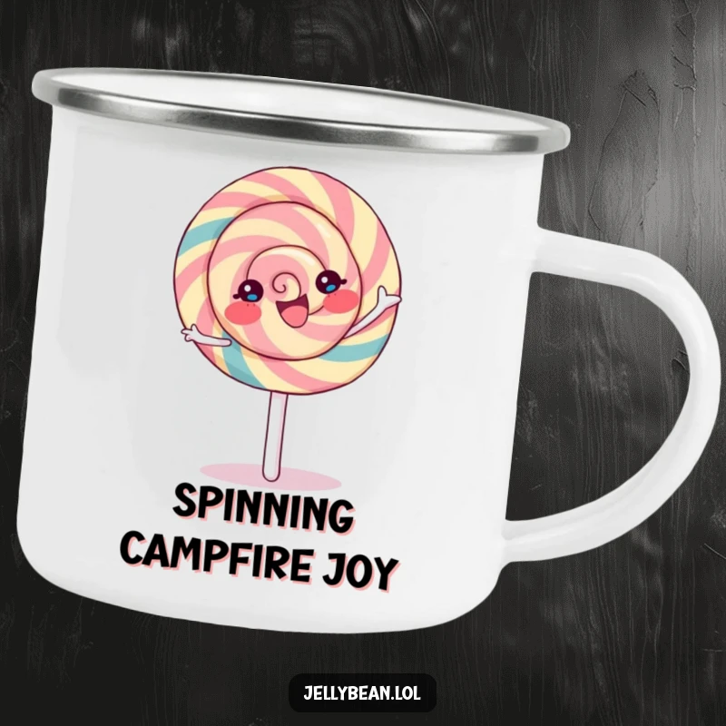 Funny Lollipop Camping Mug with a joyful character in a spin, perfect for sweet sips on outdoor adventures.