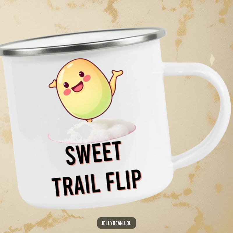 Funny camping mug showing a mischievous jelly bean doing a playful somersault on sugar, perfect for sweet outdoor drinks.
