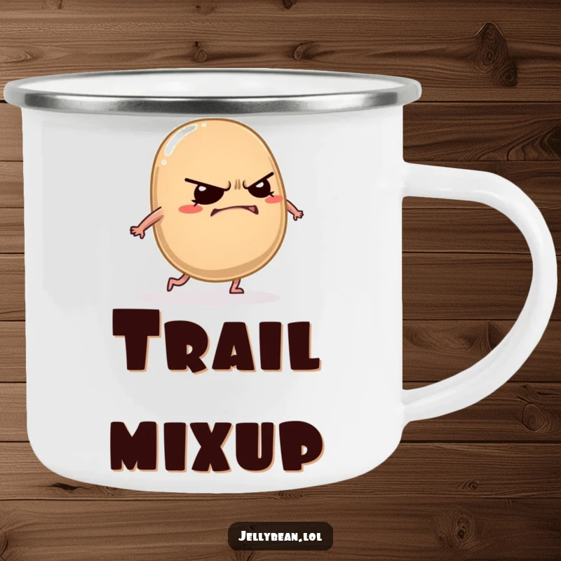 Funny outdoor jelly bean camping mug showing a grumpy character grinning while tripping over its own feet comically.