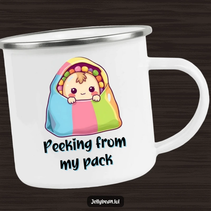 Funny Camping Mug: A shy jelly bean character peeks from a colorful bag, perfect for sweet sips on adventures.