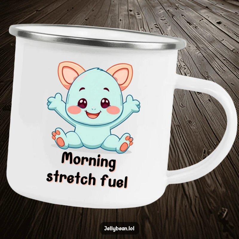 Funny camping mug featuring a smiling taffy character in a playful stretch, perfect for enjoying drinks outdoors.