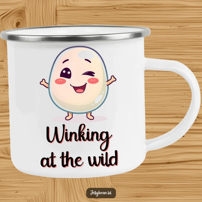 Funny camping mug featuring a mischievous jelly bean character winking, ideal for enjoying beverages outdoors with a dose of playful humor.