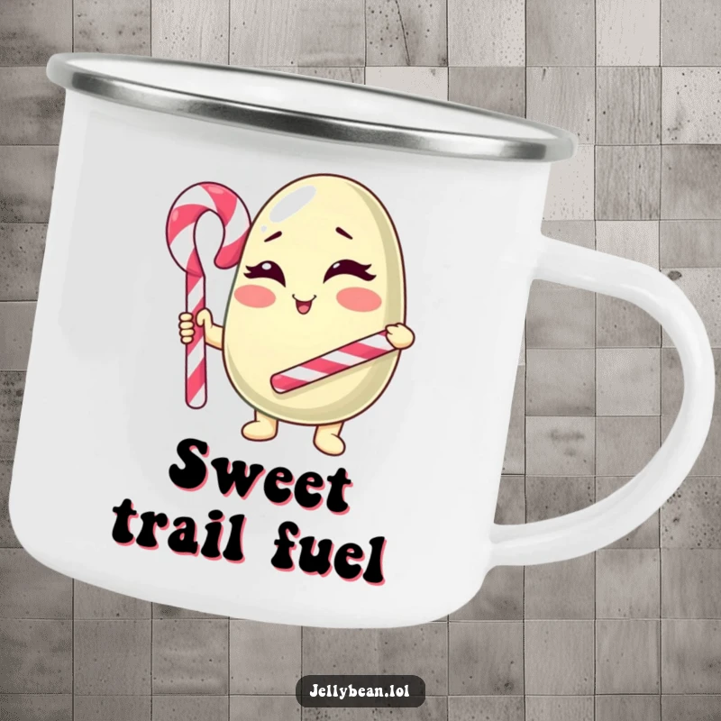 Funny Camping Mug: A winking anthropomorphic jelly bean character with a candy cane cane, designed for durable outdoor enjoyment.