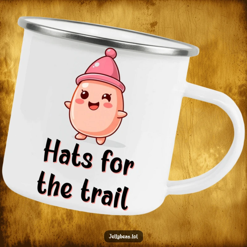 Funny Camping Mug: A jelly bean character wears a hat made of another jelly bean, designed for durable, sweet-themed outdoor enjoyment.
