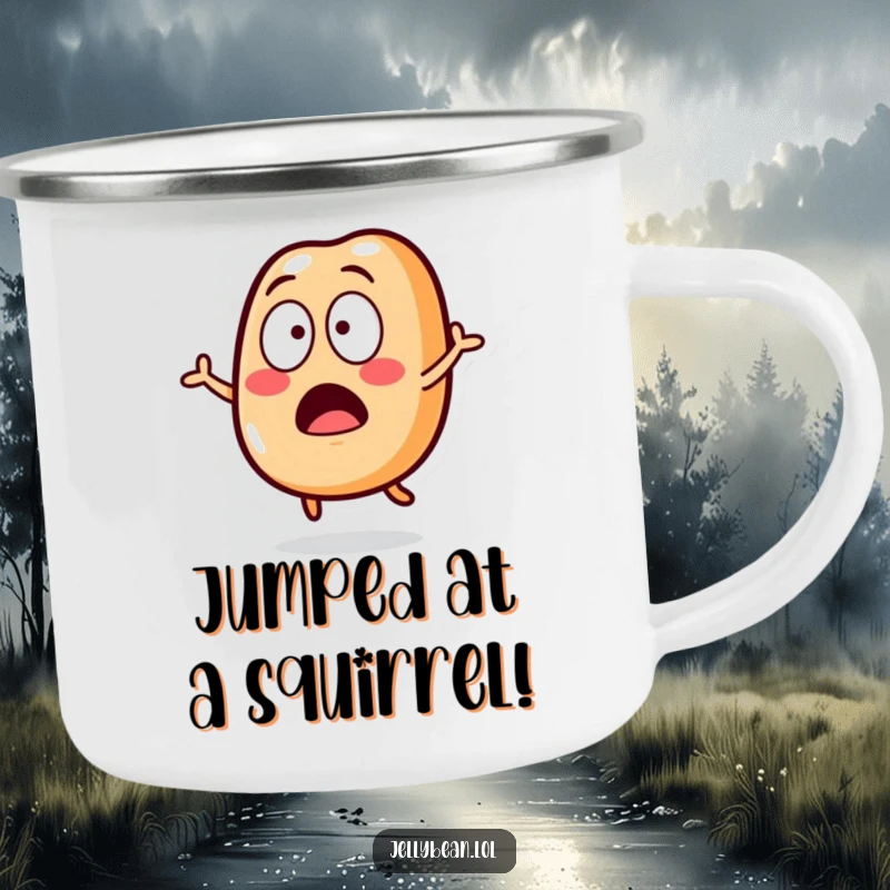 Funny Camping Mug featuring a surprised jelly bean character, perfect for enjoying drinks during unexpected outdoor moments.