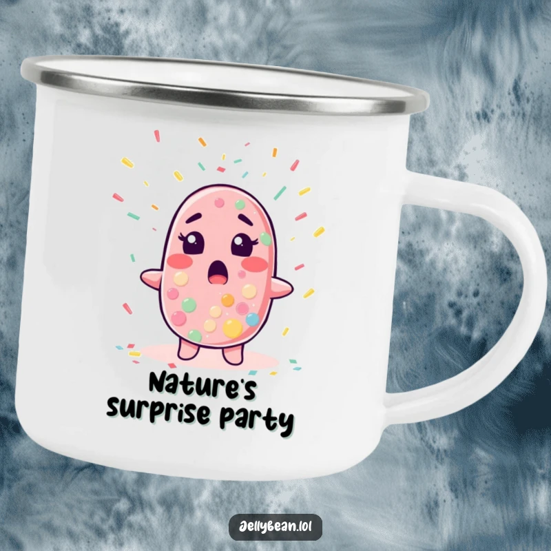 Funny camping mug featuring a jelly bean character looking surprised as confetti rains down, ready for festive outdoor adventures.