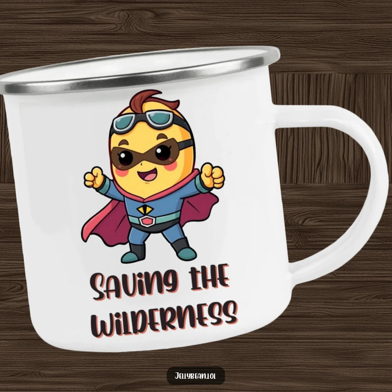 Funny camping mug featuring a jelly bean character as a superhero, striking a dynamic pose, ready for outdoor adventures.