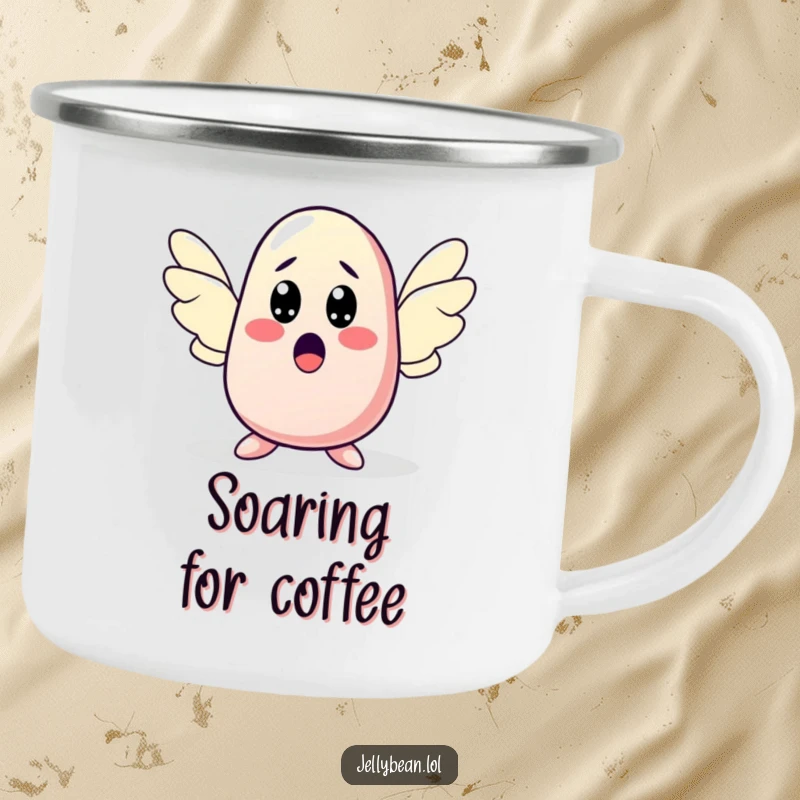 Funny camping mug with a jelly bean character sprouting wings with a surprised expression, perfect for outdoor fun with unexpected, funny magic. Ideal funny gift.
