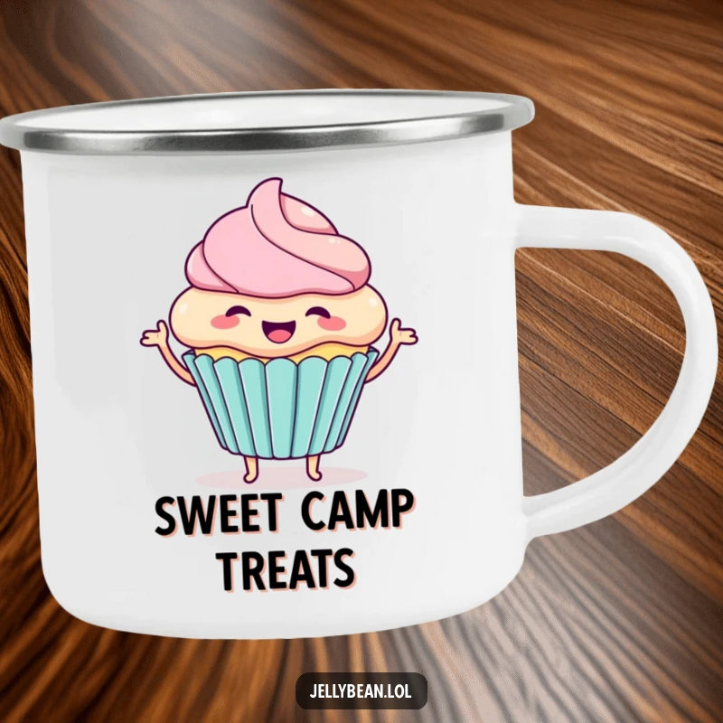 Funny camping mug featuring a happy cupcake character wiggling with excitement, ideal for outdoor enjoyment with a sweet and humorous twist.