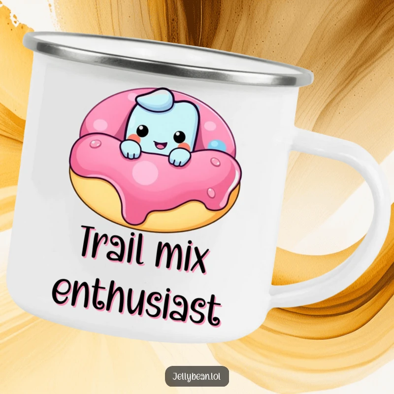 Funny camping mug featuring a mischievous jelly bean peeking over a giant donut, ideal for outdoor adventures and humorous sipping.