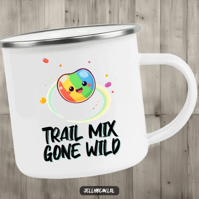 Funny Camping Mug depicts a dizzy jelly bean in motion, creating a spectacular rainbow trail, perfect for colorful outdoor enjoyment.