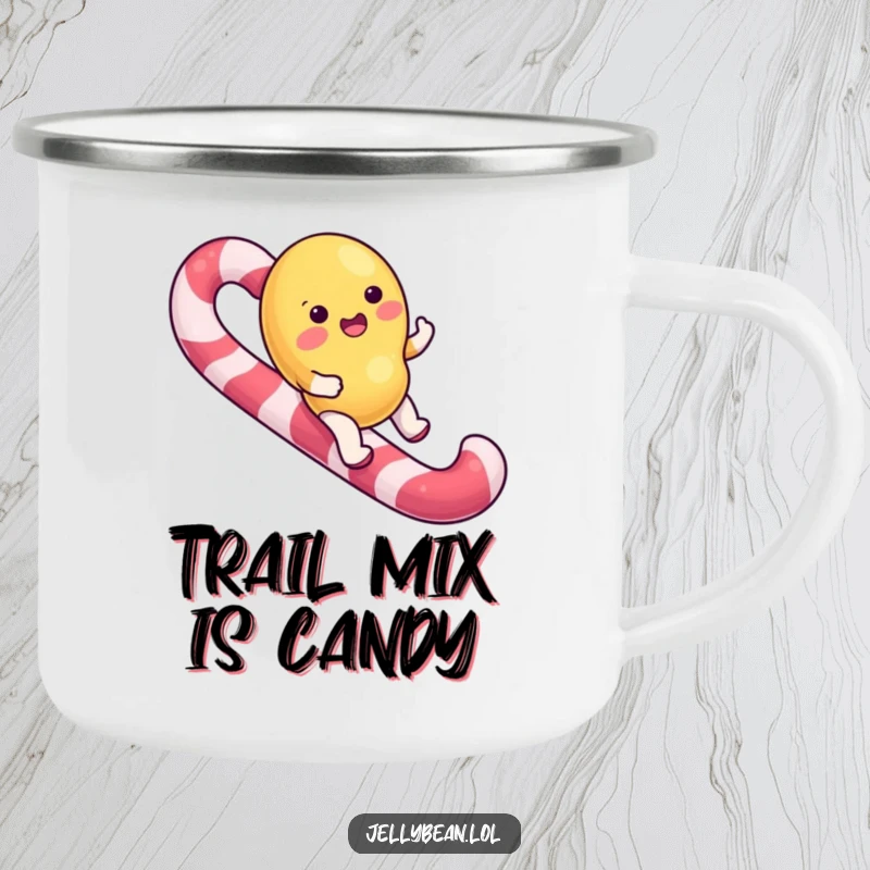 Funny Camping Mug featuring a jelly bean character happily riding a candy cane, perfect for sweet sips outdoors.