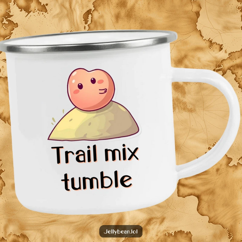 Funny Camping Mug: Giggling jelly bean character rolling down a hill, perfect for relaxed outdoor enjoyment.