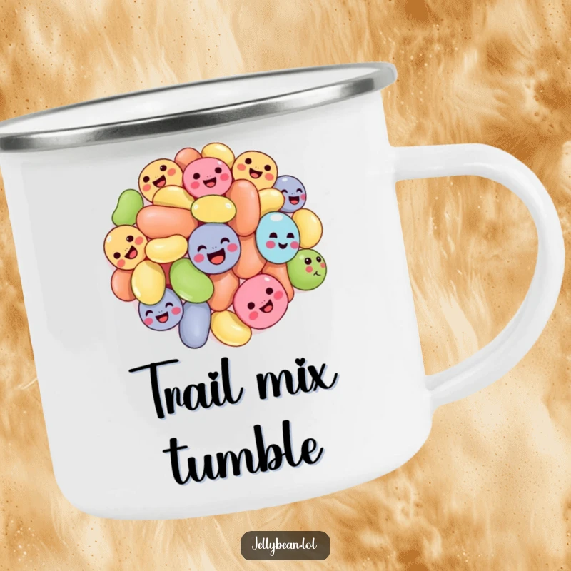 Funny tumbling jelly beans camping mug depicting a cluster of jelly beans with joyful expressions, tumbling, perfect for outdoor sweetness and humor.