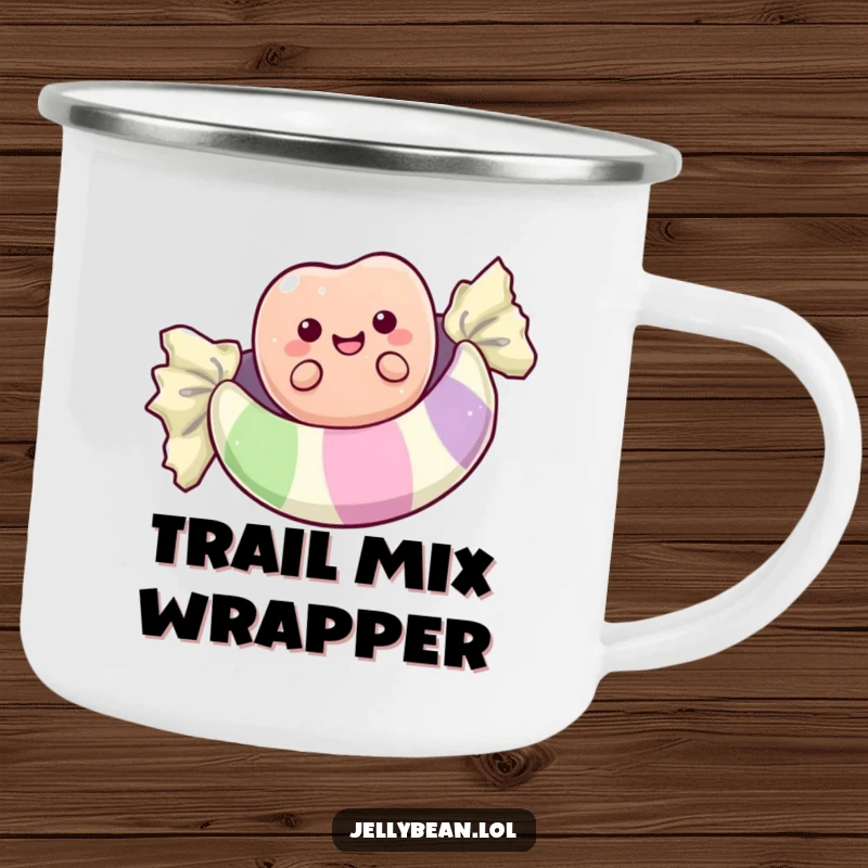 Funny camping mug showing a happy anthropomorphic jelly bean floating on a candy wrapper, perfect for outdoor fun and bringing smiles.