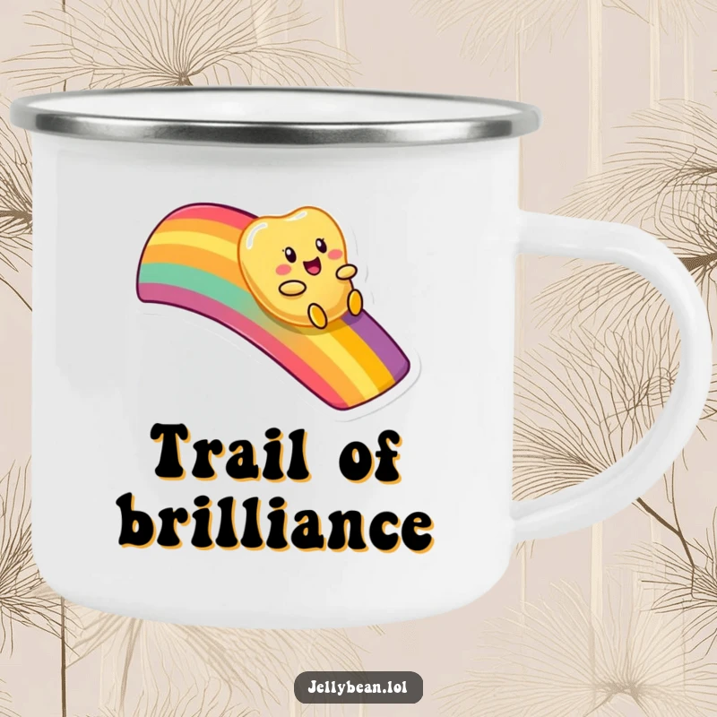 Funny camping mug with a cute anthropomorphic jelly bean character playfully sliding down a vibrant rainbow, ready for adventure.