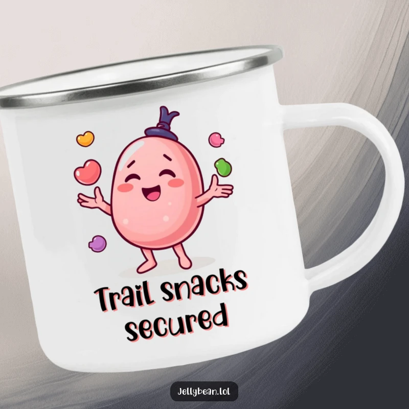 Funny camping mug featuring a happy jelly bean character juggling candies, perfect for enjoying beverages during outdoor adventures.