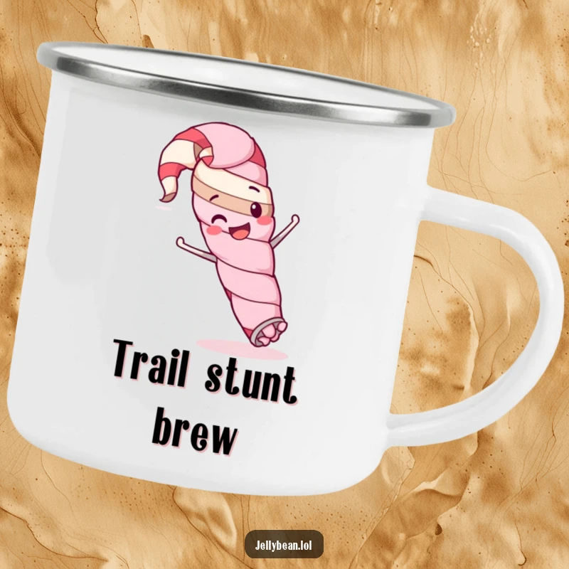 Funny camping mug featuring a happy licorice whip character in a silly stunt, perfect for enjoying drinks outdoors.