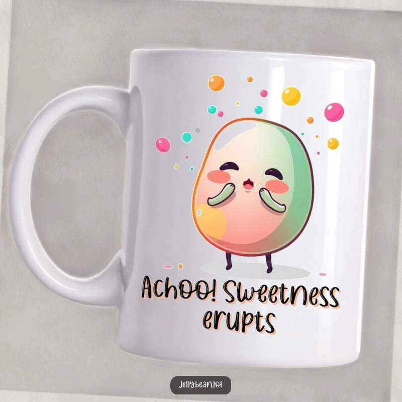 Funny mug depicting a jelly bean character mid-sneeze, expelling a vibrant cloud of colorful sugar dust, a humorous and sweet moment.