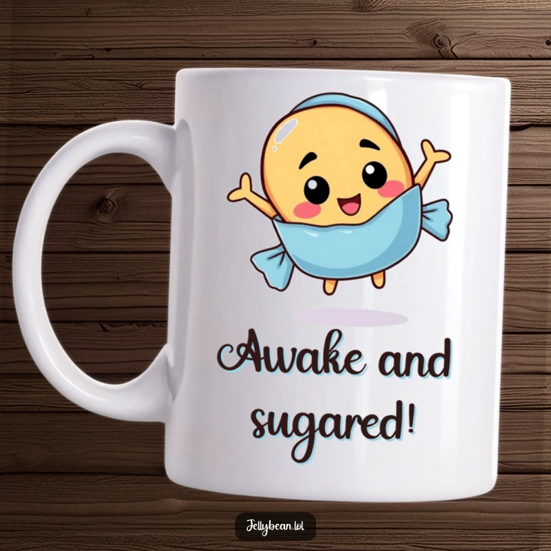 Funny coffee mug featuring a jelly bean character with a comical face, joyfully jumping out of a candy wrapper.