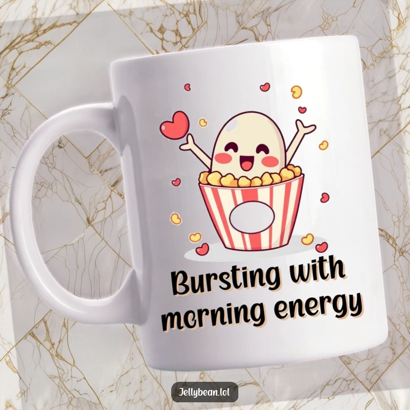 Funny mug showing a jelly bean character excitedly popping out of a popcorn box, ready for a movie or snack time.