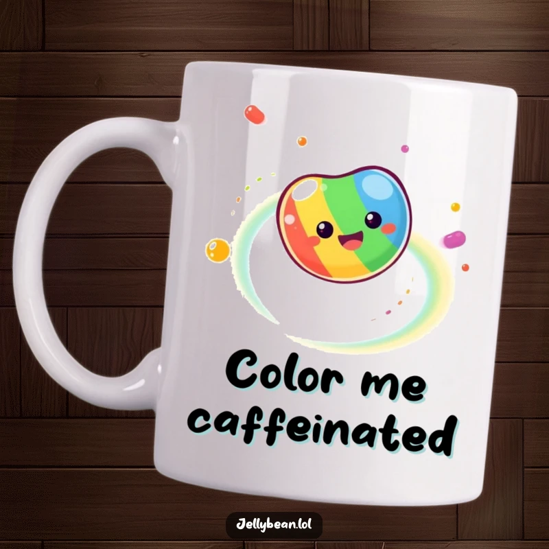Funny Mug showing a dizzy jelly bean spinning rapidly, leaving a trail of bright rainbow colors in its wake.