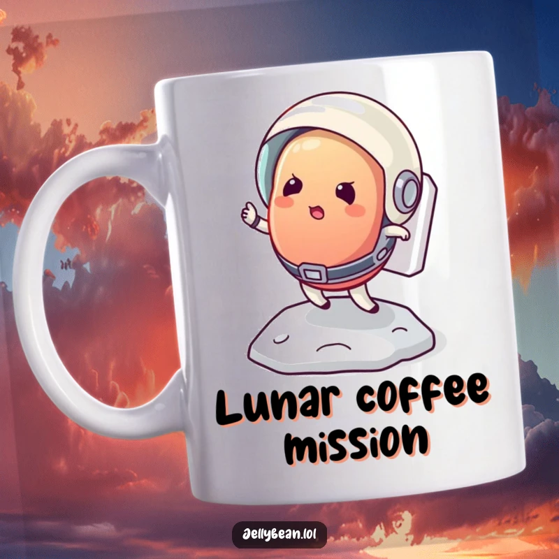 Funny mug showing a determined jelly bean in an astronaut helmet attempting to bounce on the moon, exploring space.