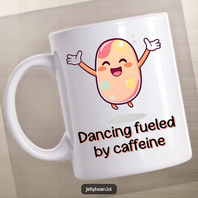 Funny Mug featuring a jelly bean character performing a joyful dance with arms outstretched in flair, radiating happiness.