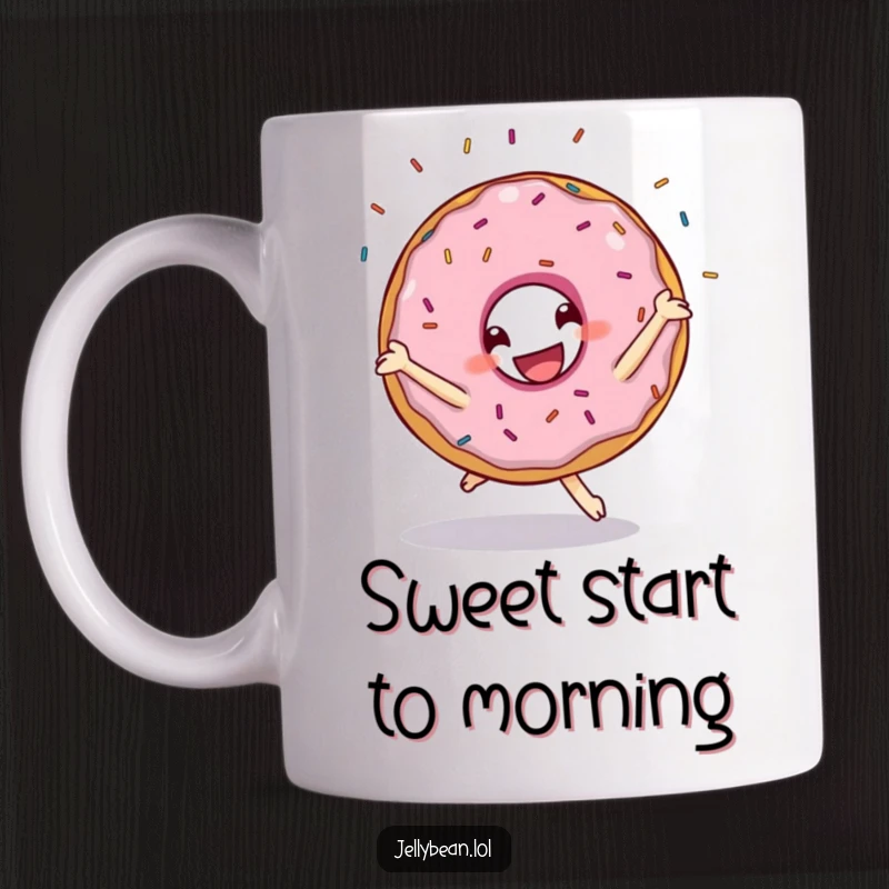 Funny mug featuring a grinning anthropomorphic donut character performing a cartwheel with a joyful expression and sprinkles flying everywhere.