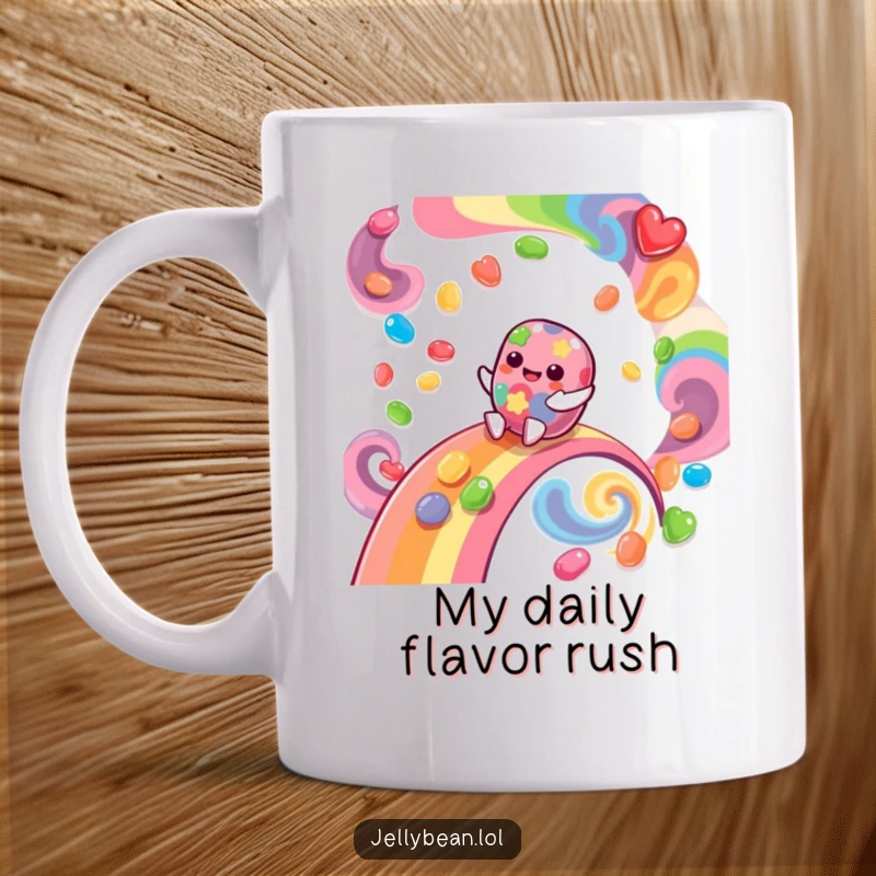 Funny Mug depicting a giggling jelly bean character joyfully sliding down a vibrant rainbow made of swirling flavors, full of delight.