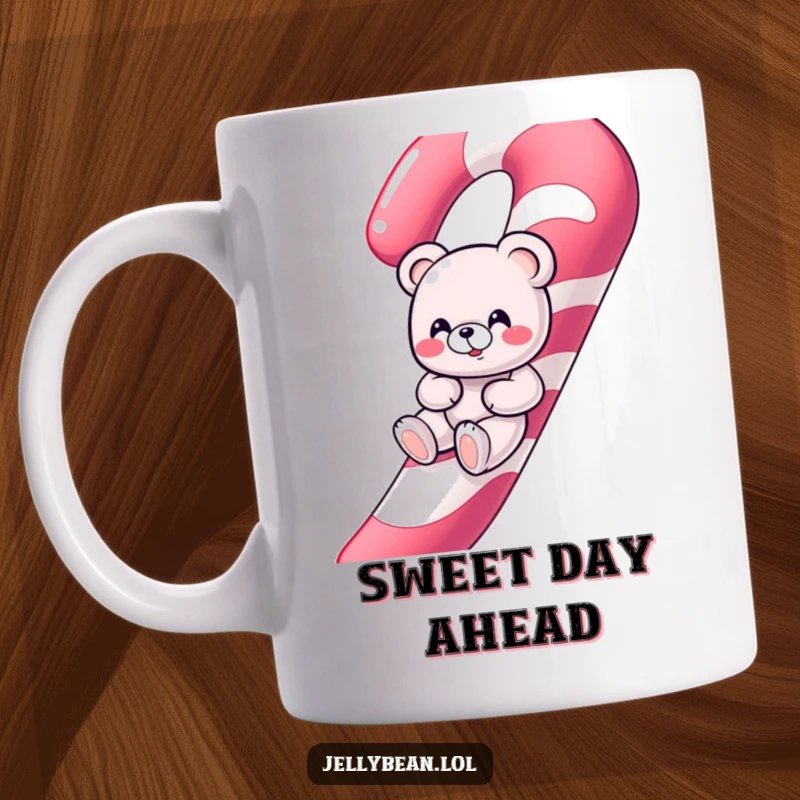 Funny giggling gummy bear character sliding down a giant candy cane on a cheerful mug.