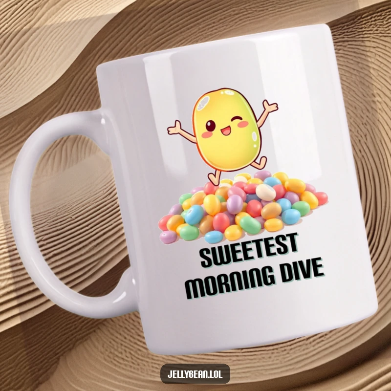 Funny mug depicting an anthropomorphic jelly bean character gleefully leaping headfirst into a colorful pile of assorted candies.