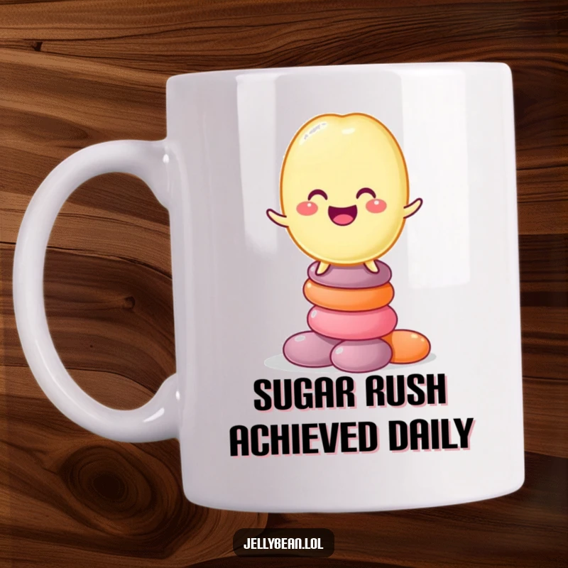 Funny mug showing a grinning jelly bean character skillfully balancing on a tall stack of colorful candies, a whimsical and humorous scene.