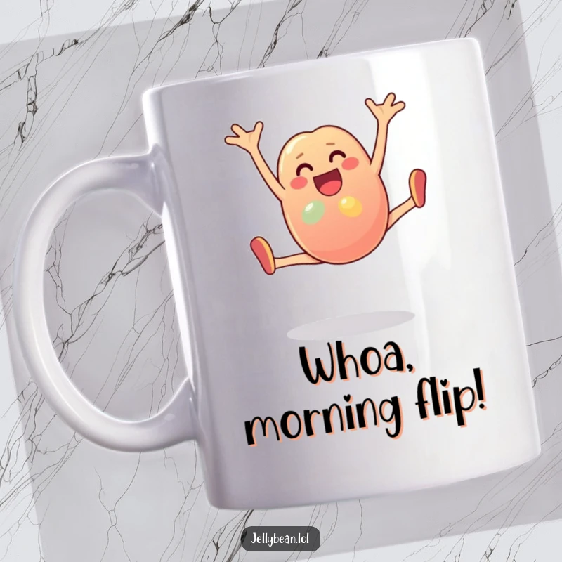 Funny Mug: An energetic anthropomorphic jelly bean does a cartwheel with pure joy. Perfect for fans of cute, funny, and active designs.