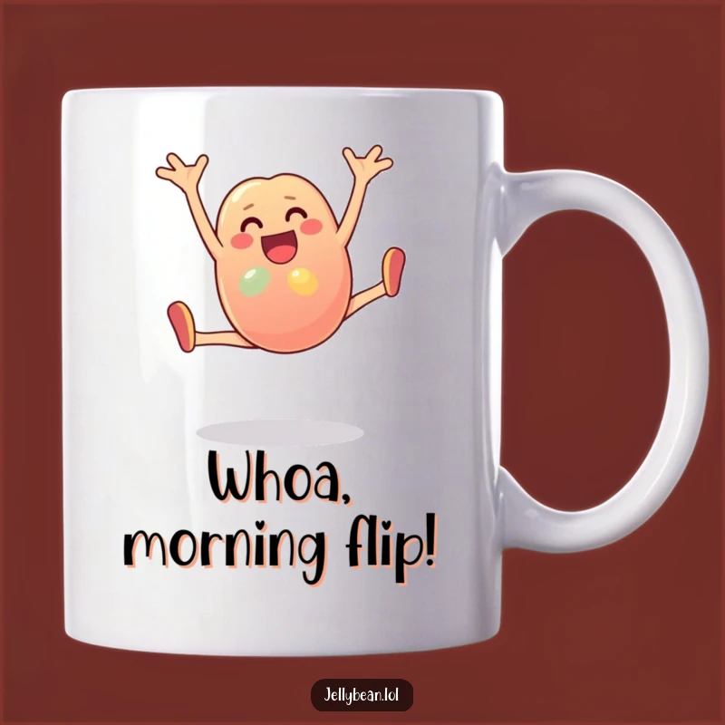 Funny Jelly Bean Cartwheel Mug: Joyful Bean's Energetic Fun! A Hilarious Gift.