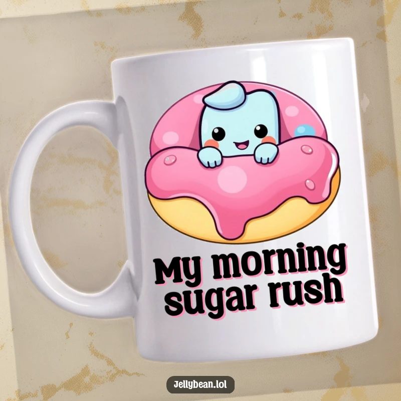 Funny mug showcasing a mischievous jelly bean character peeking over a giant, delicious-looking donut, ready for some sweet trouble.