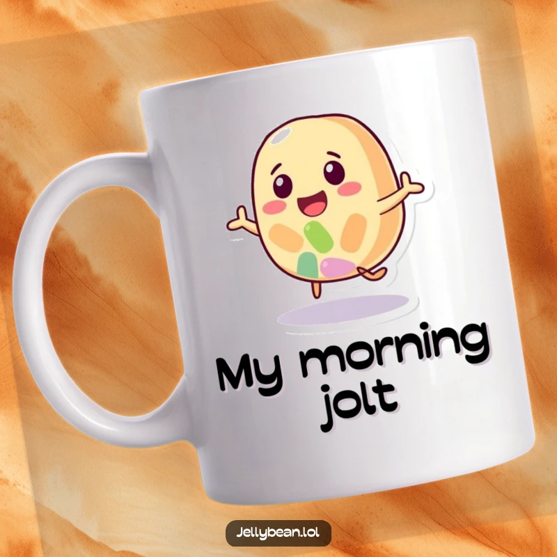 Funny mug showing a colorful jelly bean character joyfully bouncing, radiating pure, unadulterated happiness and fun.