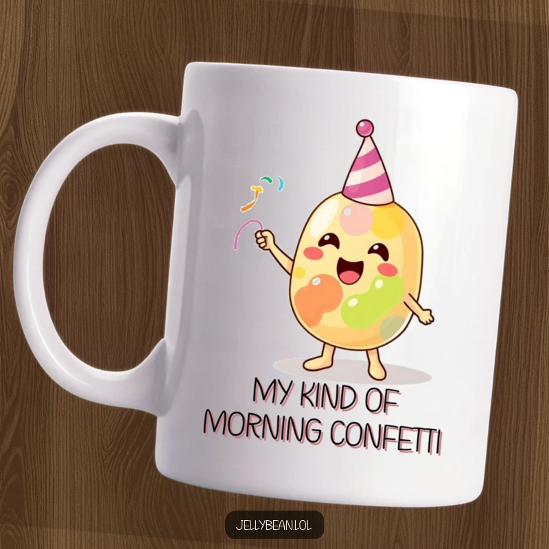 Funny Mug featuring a beaming jelly bean character joyfully throwing a tiny party streamer, celebrating a cheerful moment.